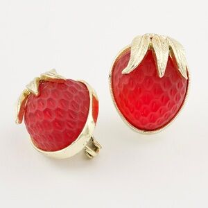 Vintage Sarah Coventry Strawberry Clip On Earrings Red Frosted Glass Fruit 1960s